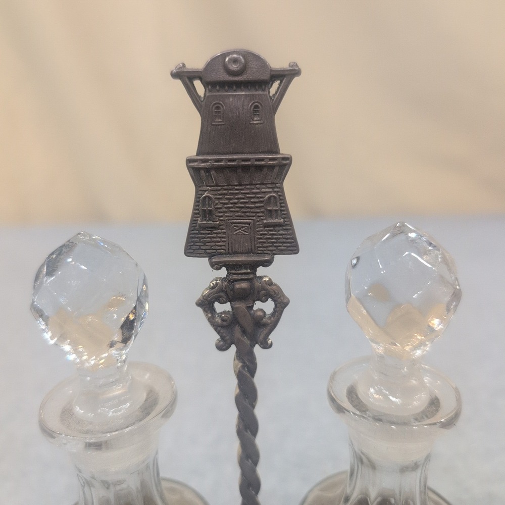 Vintage Dutch Windmill Cruet Set Glass Bottles Ornate Metal Caddy Village Scene - Picture 11 of 12